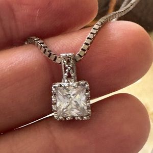 925 Sterling Silver Square Cubic Zirconia Halo Pendant / Necklace on 19” Chain.